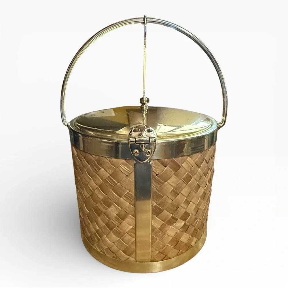 Mid Century Raffia and Gold Ice Bucket by Kraftware Co. NYC